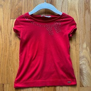 Mayoral Red Cap-Sleeve Tee with “Jeweled” Bow, 3T